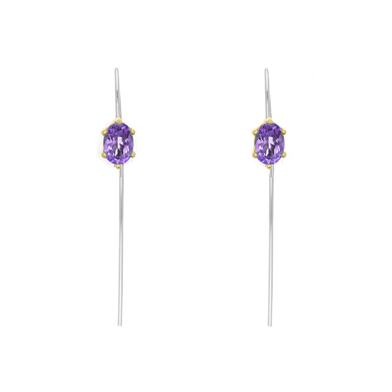 9ct Yellow Gold Sterling Silver Amethyst Stepping Stones 4x7mm Oval Claw Set Hook Earrings