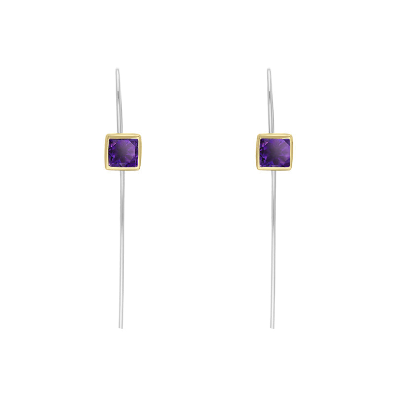 9ct Yellow Gold Sterling Silver Amethyst Stepping Stones 5mm Square Hook Earrings