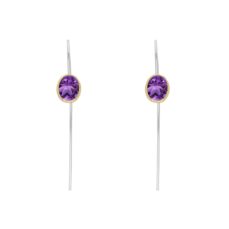9ct Yellow Gold Sterling Silver Amethyst Stepping Stones 6x8mm Oval Hook Earrings