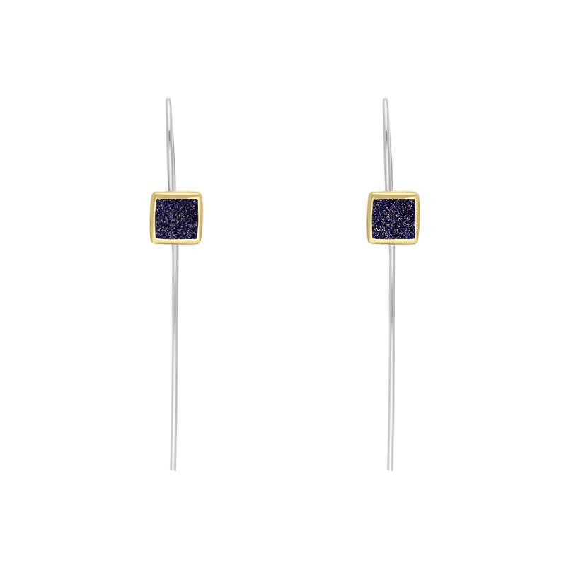 9ct Yellow Gold Sterling Silver Blue Goldstone Stepping Stones 5mm Square Hook Earrings
