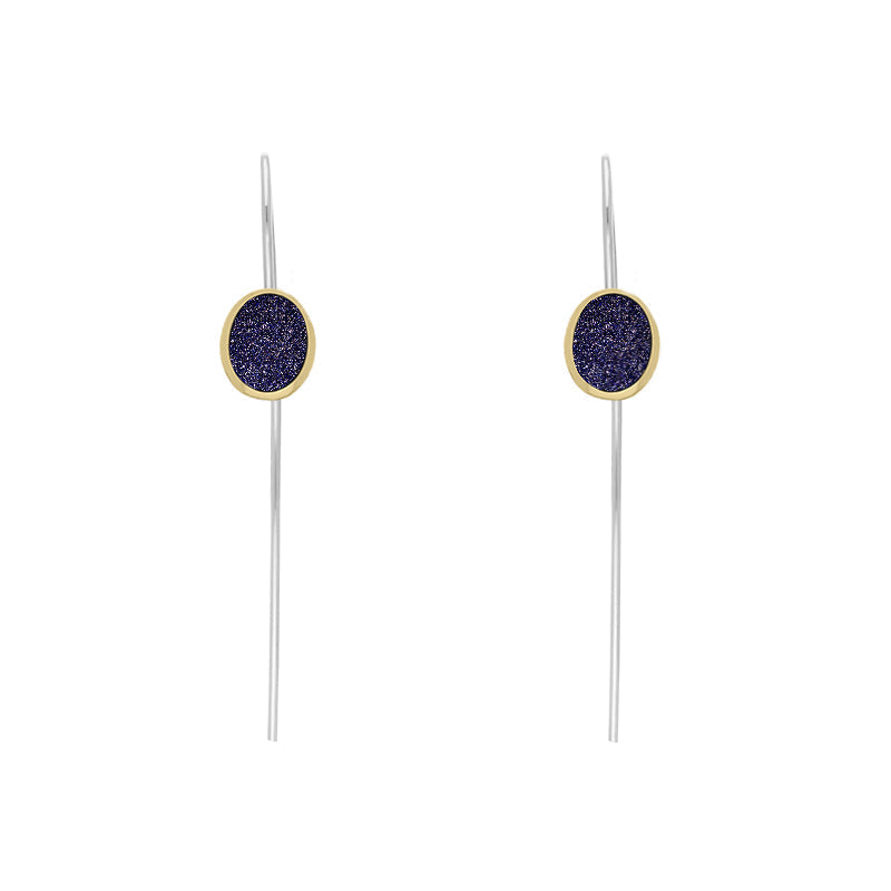 9ct Yellow Gold Sterling Silver Blue Goldstone Stepping Stones 6x8mm Oval Hook Earrings