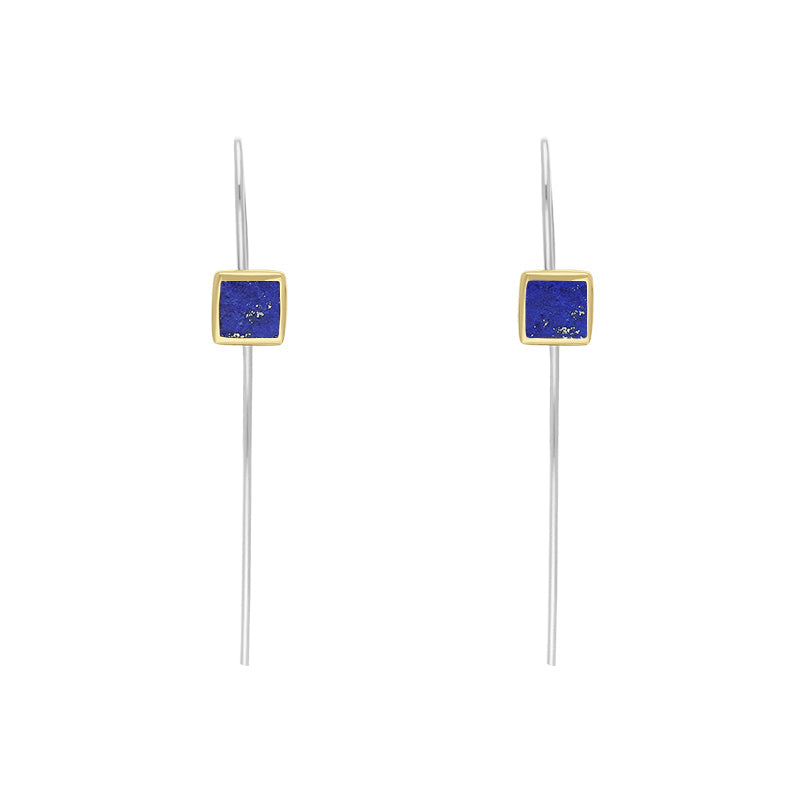 9ct Yellow Gold Sterling Silver Lapis Lazuli Stepping Stones 5mm Square Hook Earrings