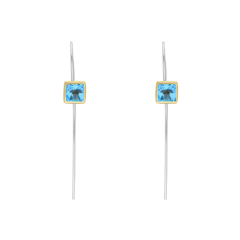 9ct Yellow Gold Sterling Silver Topaz Stepping Stones 5mm Square Hook Earrings