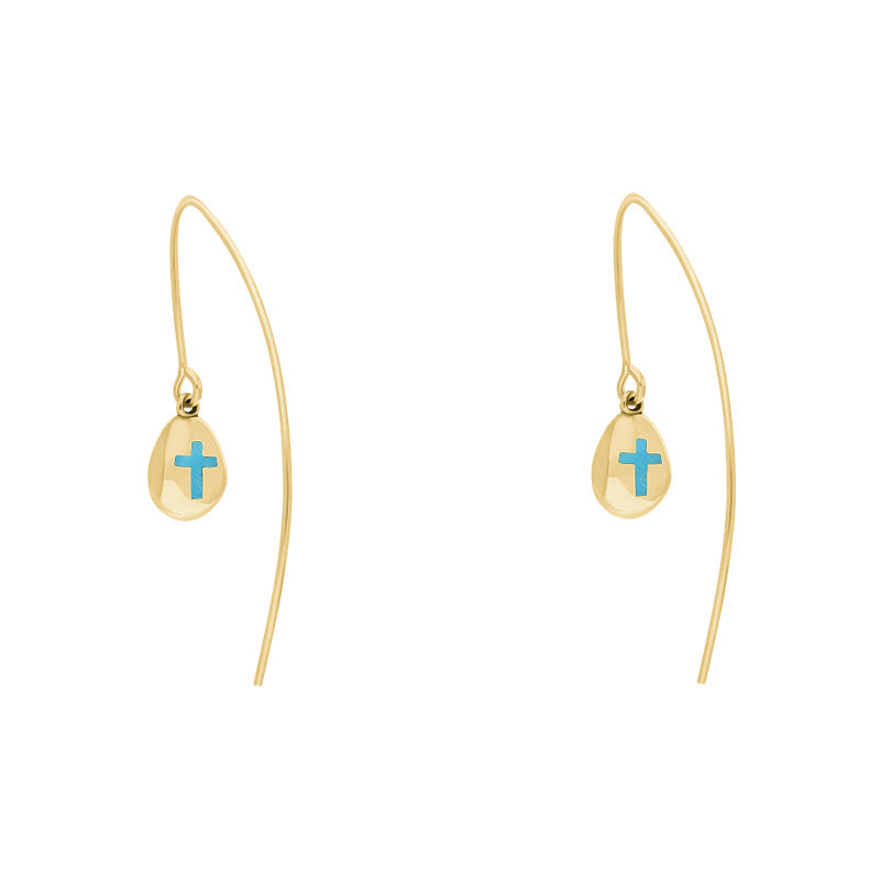 9ct Yellow Gold Turquoise Cross Disc Drop Earrings - Yellow Gold