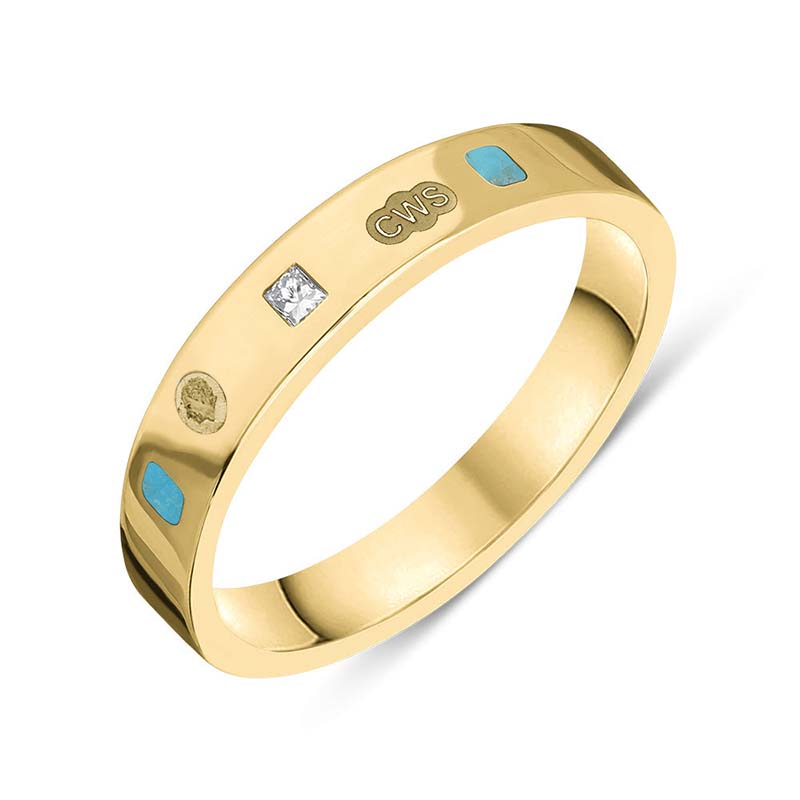 9ct Yellow Gold 0.09ct Diamond Turquoise King's Coronation Hallmark Princess Cut 4mm Ring - T