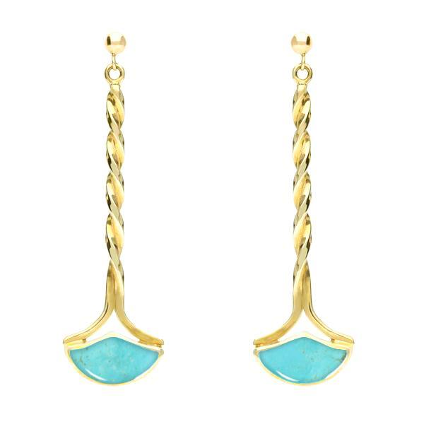 9ct Yellow Gold Turquoise Drop Twist Fan Stud Earrings