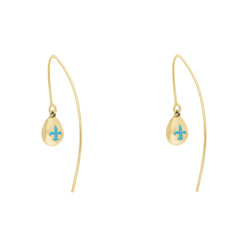 9ct Yellow Gold Turquoise Fleur De Lis Disc Drop Earrings - Yellow Gold