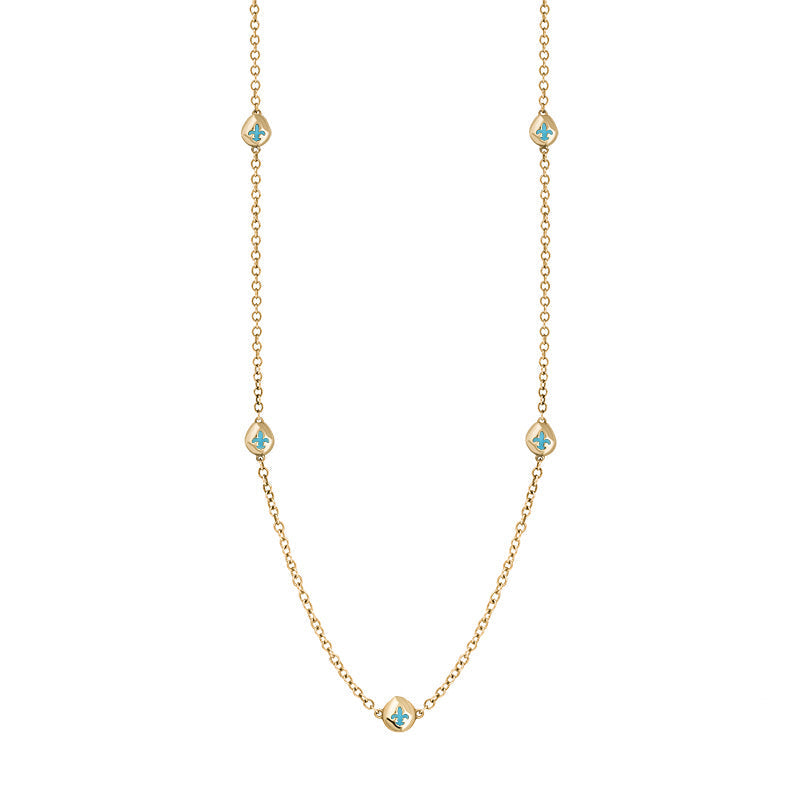 9ct Yellow Gold Turquoise Fleur De Lis Link Disc Chain Necklace - Option1 Value Yellow Gold