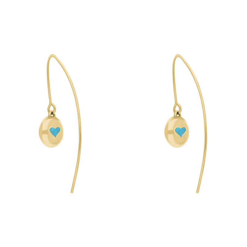 9ct Yellow Gold Turquoise Heart Disc Drop Earrings - Yellow Gold