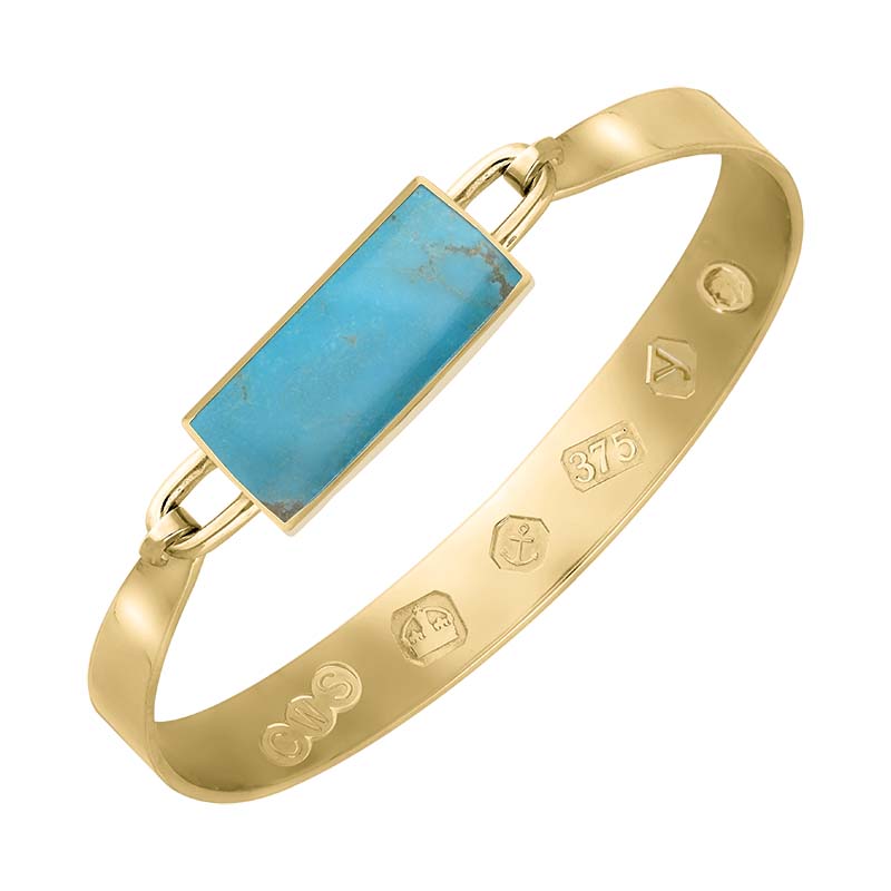 9ct Yellow Gold Turquoise King's Coronation Hallmark Wide Oblong Bangle