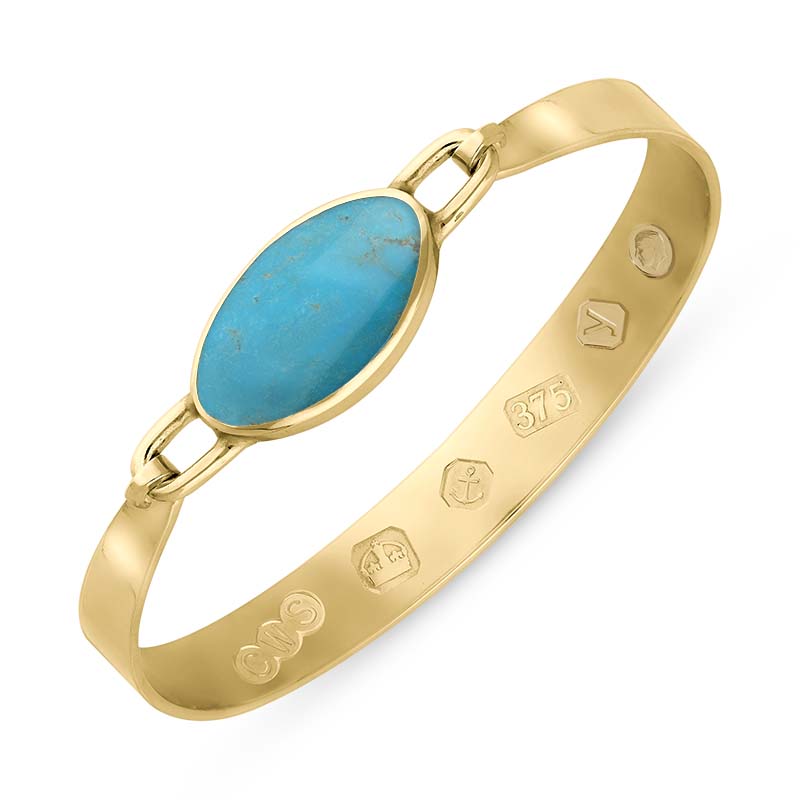 9ct Yellow Gold Turquoise King's Coronation Hallmark Wide Oval Bangle