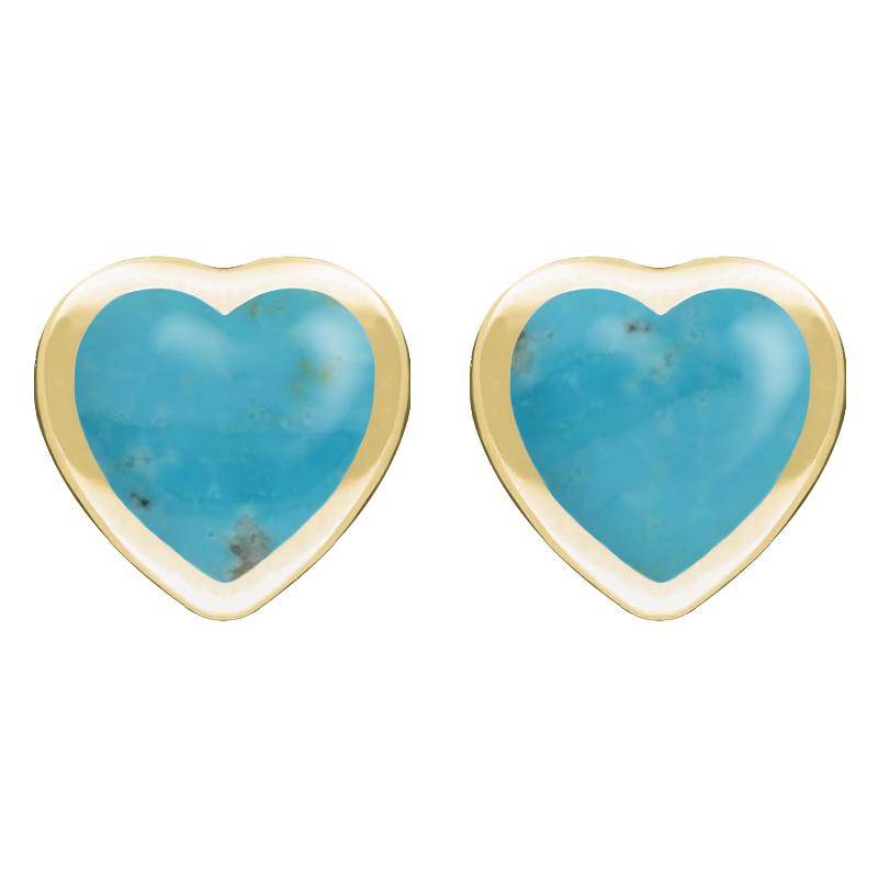 9ct Yellow Gold Turquoise Large Framed Heart Stud Earrings - Yellow Gold
