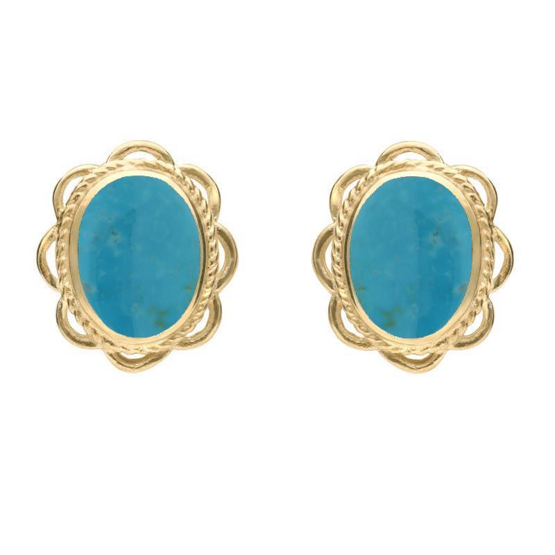 9ct Yellow Gold Turquoise Large Rope Oval Frill Stud Earrings - Option1 Value Yellow Gold