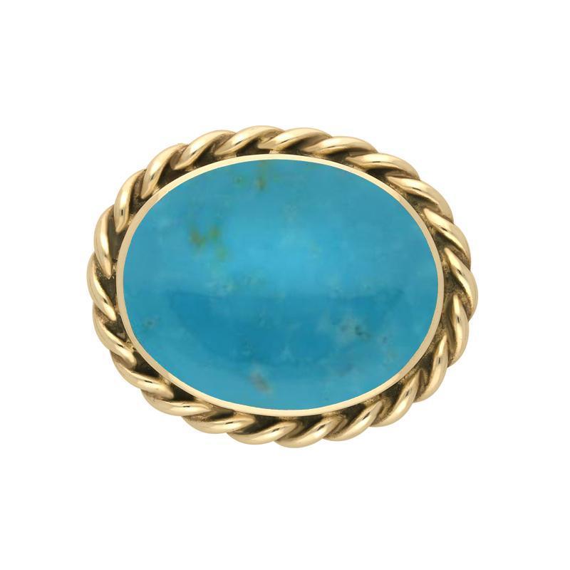 9ct Yellow Gold Turquoise Large Rope Twist Edge Brooch - Silver