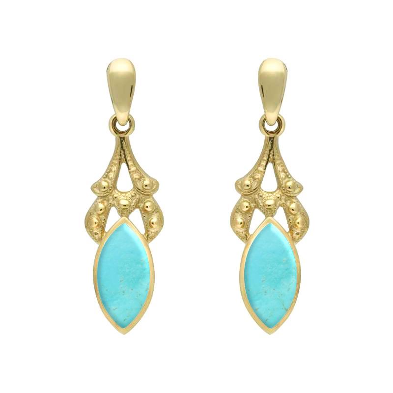 9ct Yellow Gold Turquoise Marquise Drop Earrings