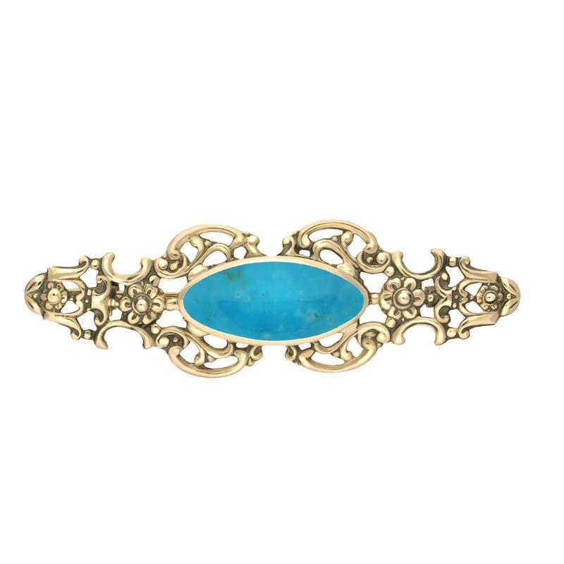 9ct Yellow Gold Turquoise Oval Fancy Brooch - Silver