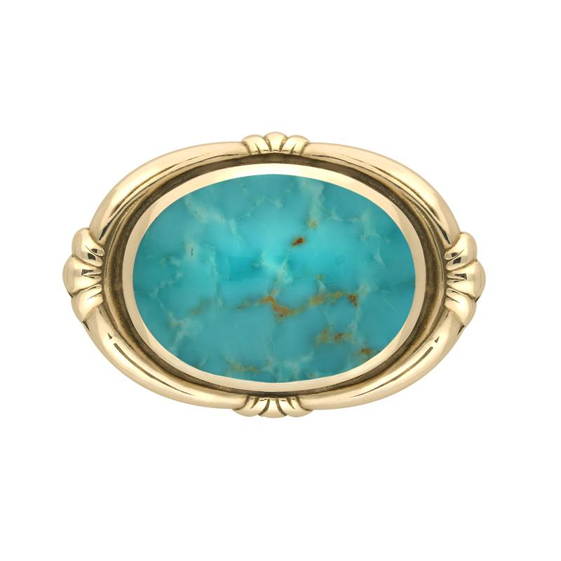 9ct Yellow Gold Turquoise Oval Fleur Brooch - Silver