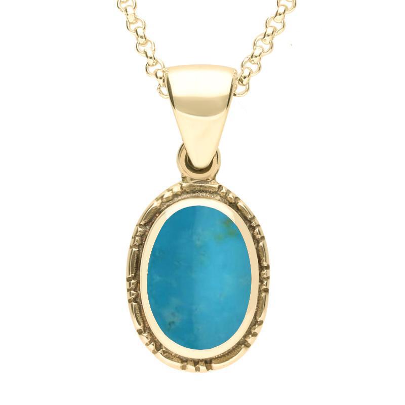9ct Yellow Gold Turquoise Oval Rope Edge Drop Necklace - Yellow Gold