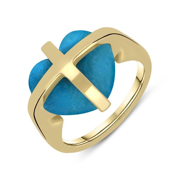 9ct Yellow Gold Turquoise Cross Heart Ring - Yellow Gold