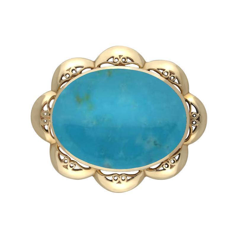 9ct Yellow Gold Turquoise Oval Scalloped Edge Brooch