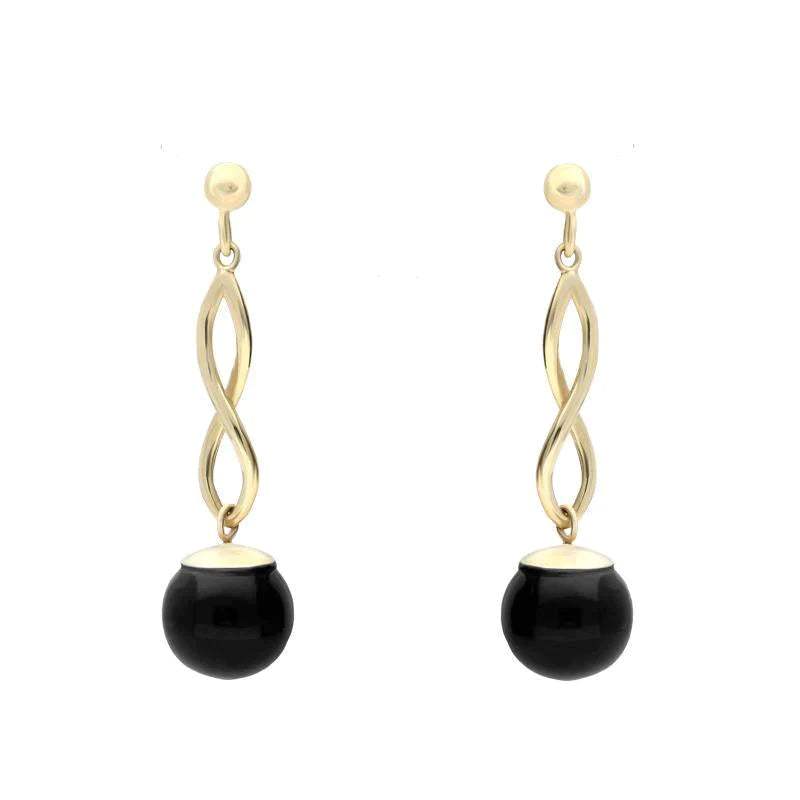 9ct Yellow Gold Whitby Jet 8mm Bead Twist Drop Earrings - Yellow Gold