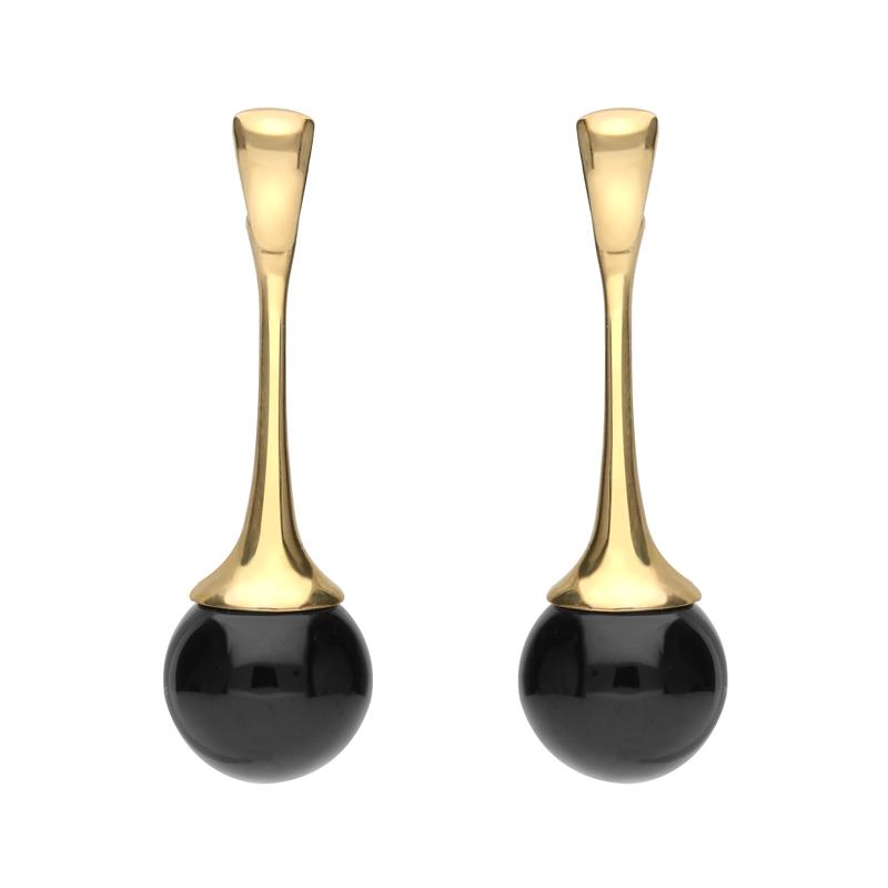 9ct Yellow Gold Whitby Jet Bead Trumpet Drop Earrings - Yellow Gold