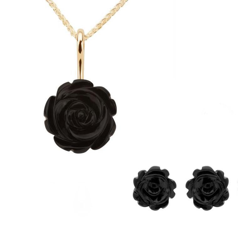 9ct Yellow Gold Whitby Jet Tuberose Rose Two Piece Set - Gold