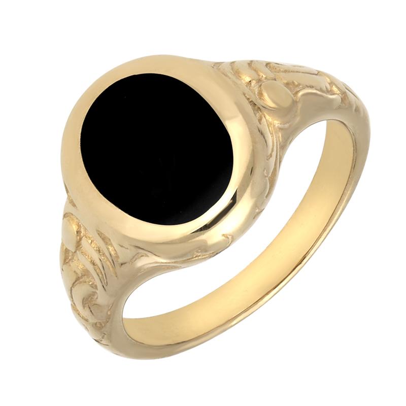 9ct Yellow Gold Whitby Jet Carved Shoulder Oval Signet Ring