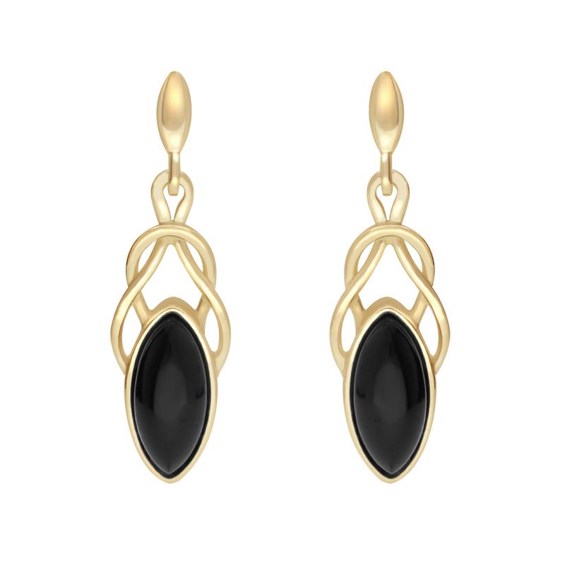 9ct Yellow Gold Whitby Jet Celtic Twist Drop Stud Earrings - Yellow Gold