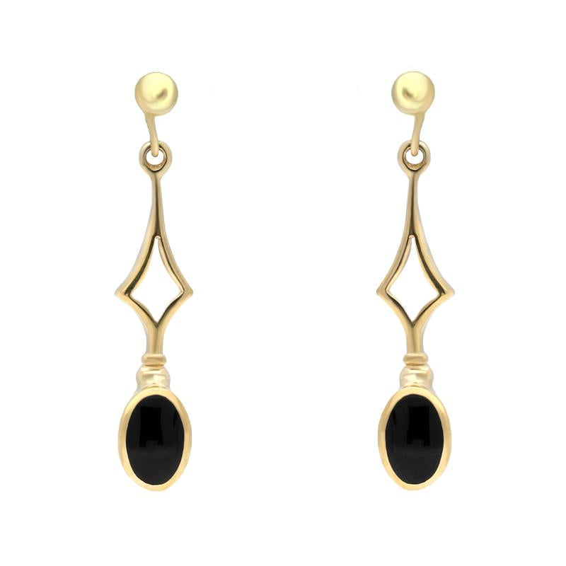 9ct Yellow Gold Whitby Jet Diamond Shape Oval Drop Earrings - Yellow Gold