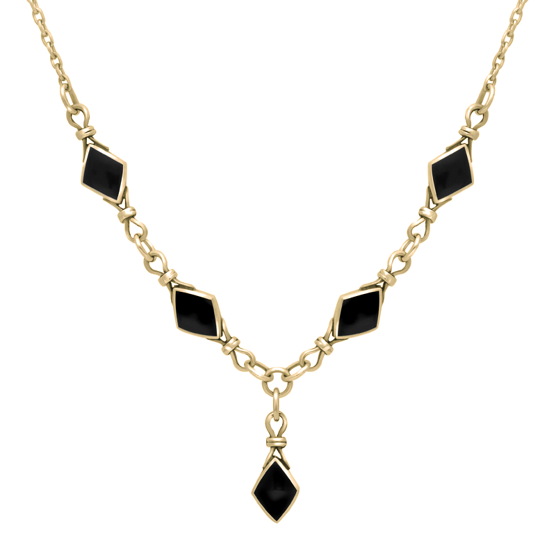 9ct Yellow Gold Whitby Jet Diamond Shaped Necklace - Yellow Gold