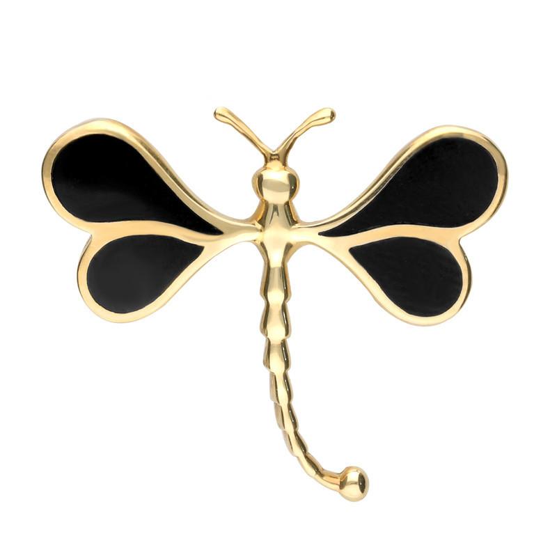 9ct Yellow Gold Whitby Jet Dragonfly Brooch - Yellow Gold