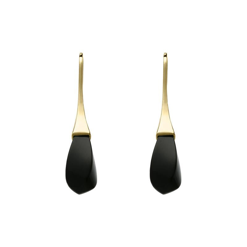 9ct Yellow Gold Whitby Jet Drop Hook Earrings D - Yellow Gold