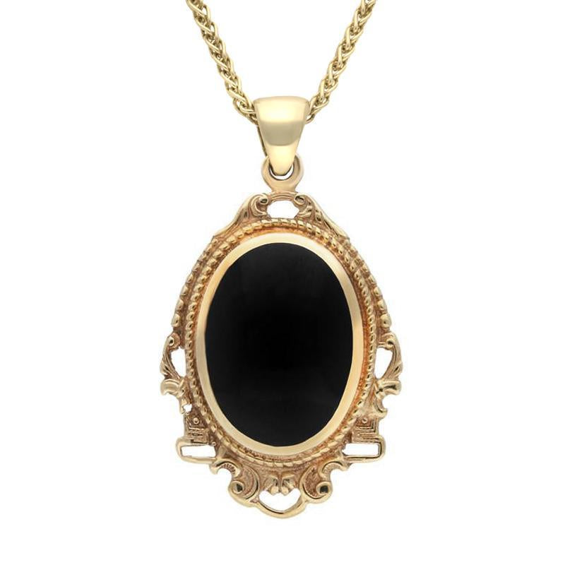 9ct Yellow Gold Whitby Jet Edwardian Oval Drop Necklace - Yellow Gold