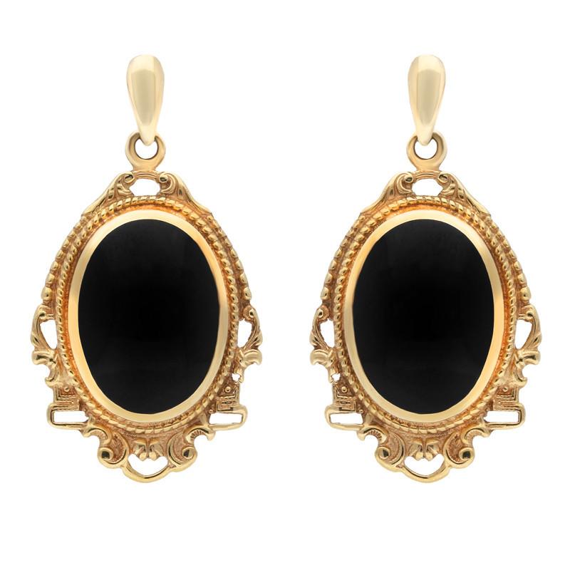 9ct Yellow Gold Whitby Jet Edwardian Style Oval Drop Earrings - Yellow Gold