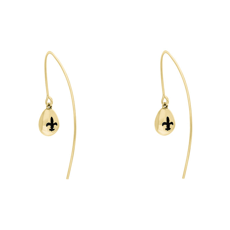9ct Yellow Gold Whitby Jet Fleur De Lis Disc Drop Earrings - Yellow Gold