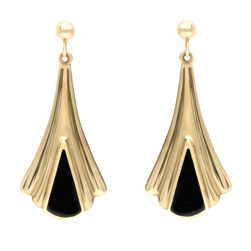 9ct Yellow Gold Whitby Jet Fleur Triangle Drop Earrings - Yellow Gold