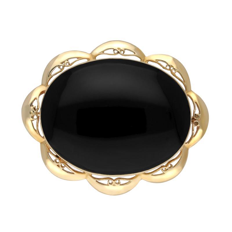 9ct Yellow Gold Whitby Jet Framed Frill Edge Oval Brooch - Yellow Gold
