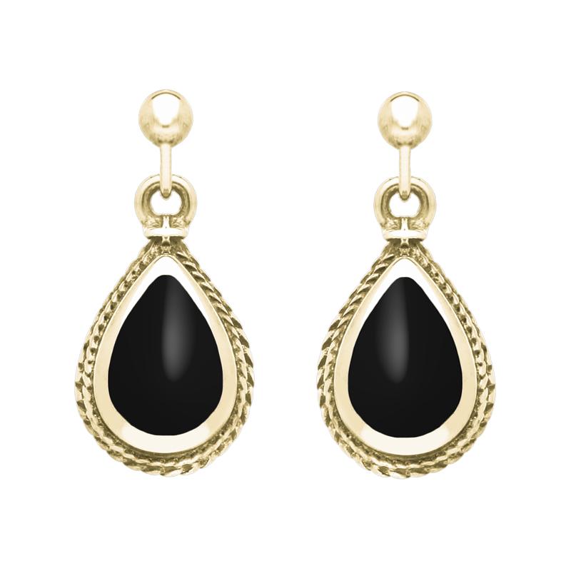 9ct Yellow Gold Whitby Jet Gold Pear Shaped Drop Earrings - Yellow Gold