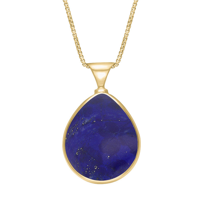 9ct Yellow Gold Whitby Jet Lapis King's Coronation Hallmark Double Sided Pear-shaped Necklace