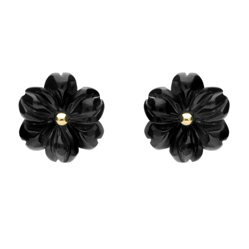 9ct Yellow Gold Whitby Jet Tuberose 12mm Flower Stud Earrings - Yellow Gold