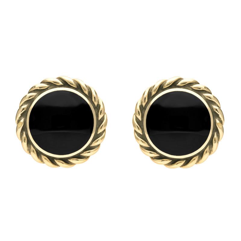 9ct Yellow Gold Whitby Jet Large Rope Edge Round Stud Earrings - Yellow Gold