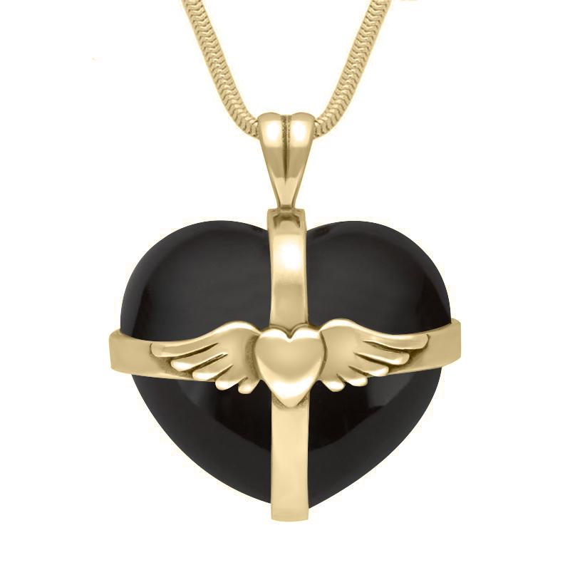 9ct Yellow Gold Whitby Jet Large Winged Cross Heart Necklace - Yellow Gold