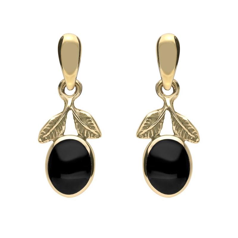 9ct Yellow Gold Whitby Jet Leaf Drop Earrings - Yellow Gold