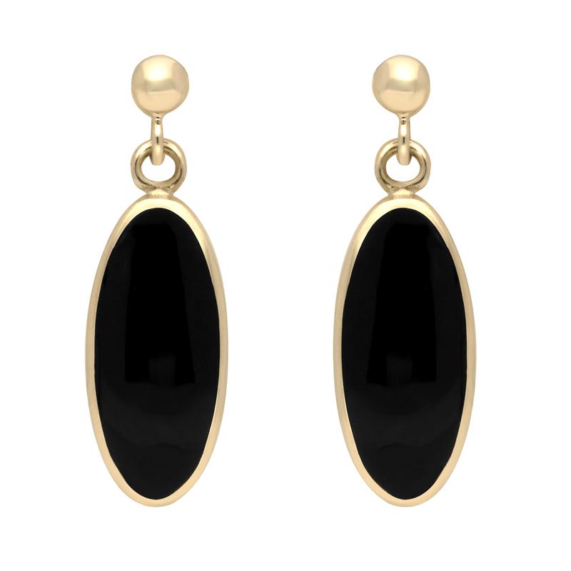 9ct Yellow Gold Whitby Jet Light Long Oval Drop Earrings - Yellow Gold
