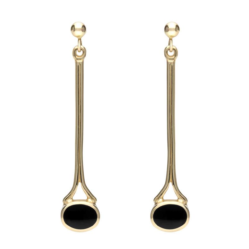 9ct Yellow Gold Whitby Jet Long Drop Earrings - Yellow Gold