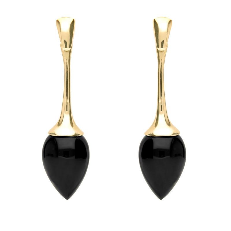 9ct Yellow Gold Whitby Jet Long Flute Pear Drop Earrings - Yellow Gold