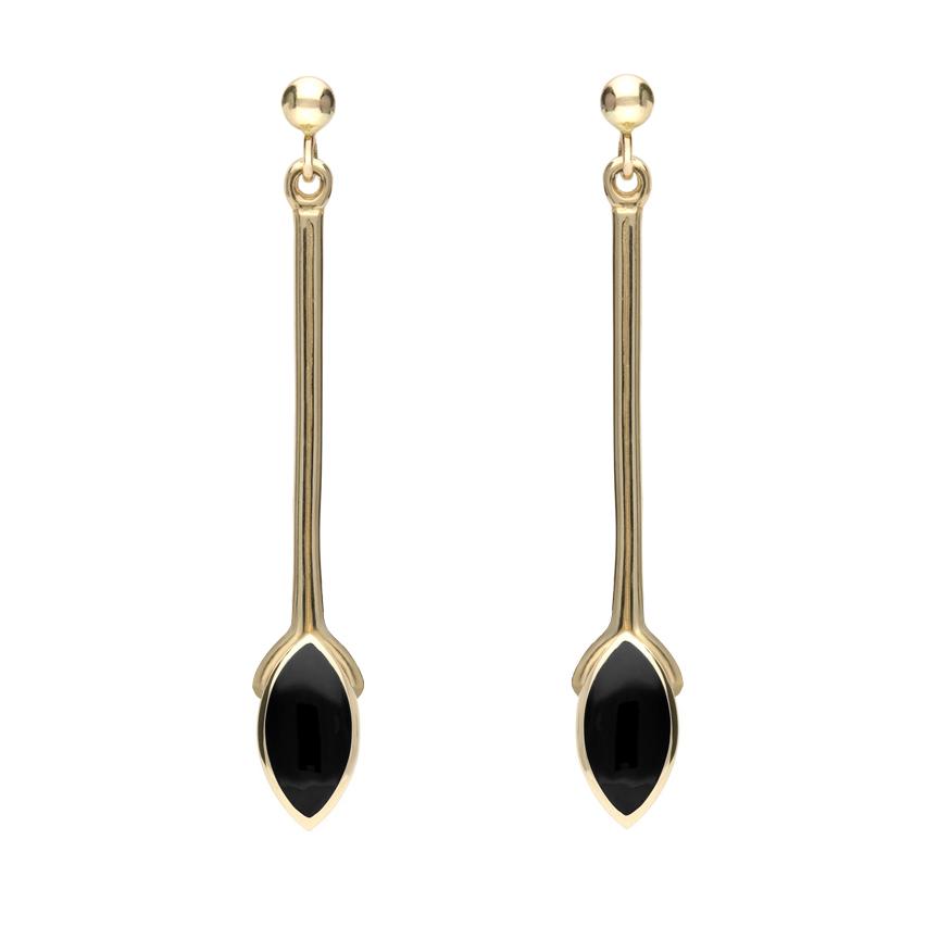 9ct Yellow Gold Whitby Jet Long Marquise Drop Earrings - Yellow Gold