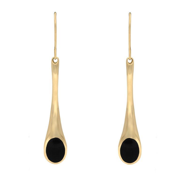 9ct Yellow Gold Whitby Jet Long Tapered Drop Hook Earrings - Yellow Gold