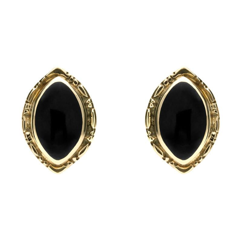 9ct Yellow Gold Whitby Jet Marquise Beaded Edge Stud Earrings - Yellow Gold